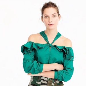 NWT J. Crew Off the Shoulder Tie Neck Top Emerald